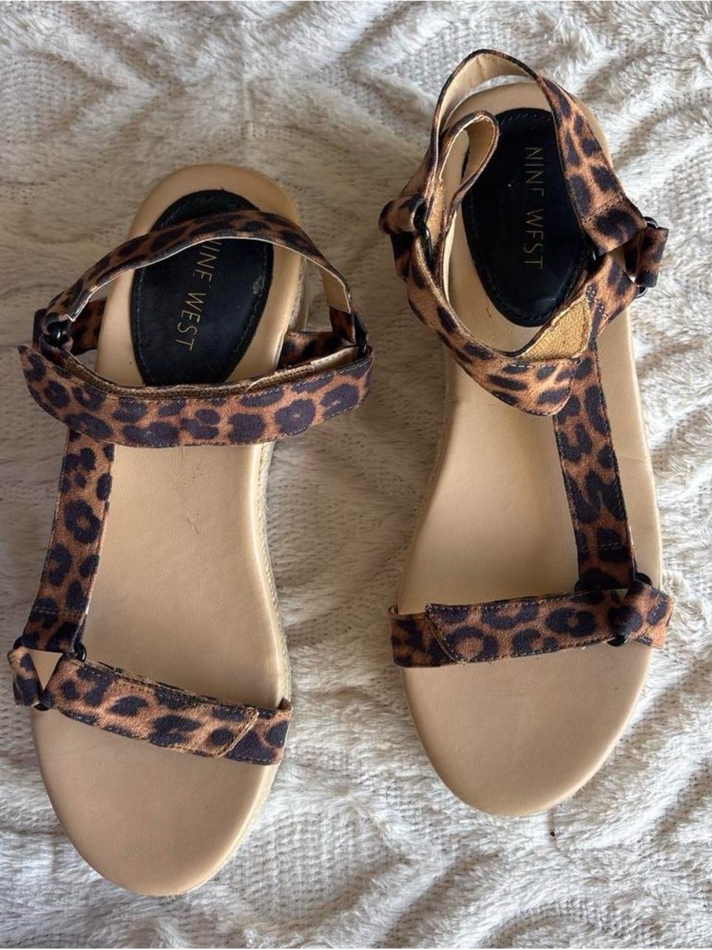 Nine West Leopard Print T-Strap Sandals - Tan/Black